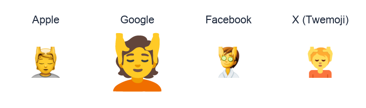 Face Massage emoji artwork compared side by side for Apple, Google Noto, Facebook, and X Twemoji styles on white.