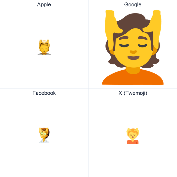 Face Massage emoji in a square grid: Apple and Google on the top row, Facebook and X Twemoji on the bottom, on white.