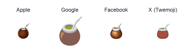 Mate Drink emoji artwork compared side by side for Apple, Google Noto, Facebook, and X Twemoji styles on white.