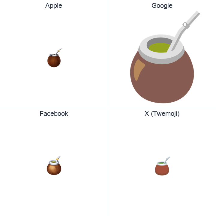 Mate Drink emoji in a square grid: Apple and Google on the top row, Facebook and X Twemoji on the bottom, on white.