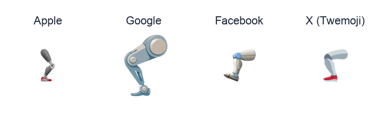 Mechanical Leg emoji artwork compared side by side for Apple, Google Noto, Facebook, and X Twemoji styles on white.