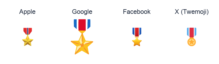 Military Medal emoji artwork compared side by side for Apple, Google Noto, Facebook, and X Twemoji styles on white.
