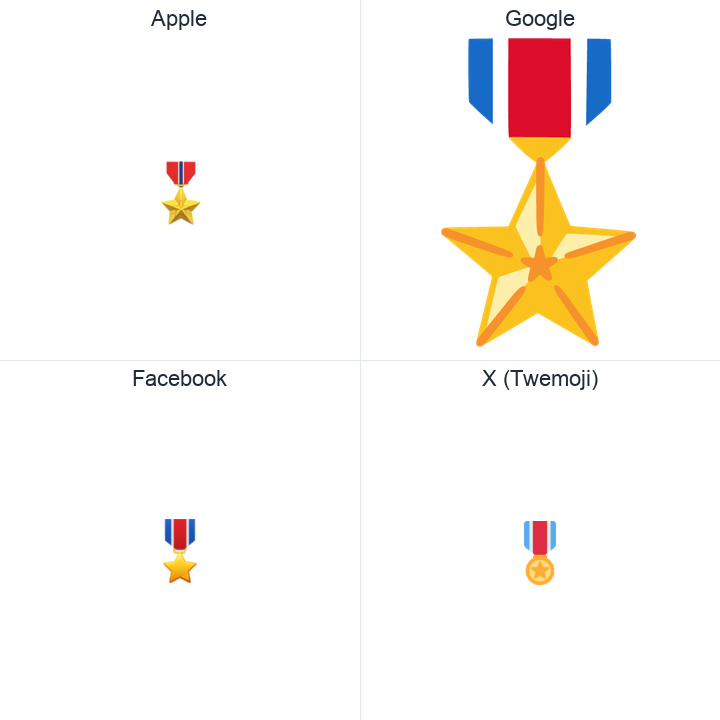 Military Medal emoji in a square grid: Apple and Google on the top row, Facebook and X Twemoji on the bottom, on white.