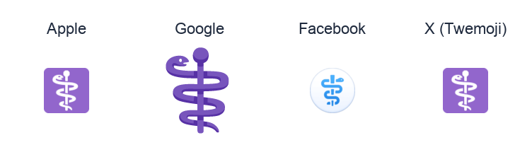 Medical Symbol emoji artwork compared side by side for Apple, Google Noto, Facebook, and X Twemoji styles on white.