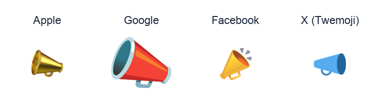 Cheering Megaphone emoji artwork compared side by side for Apple, Google Noto, Facebook, and X Twemoji styles on white.