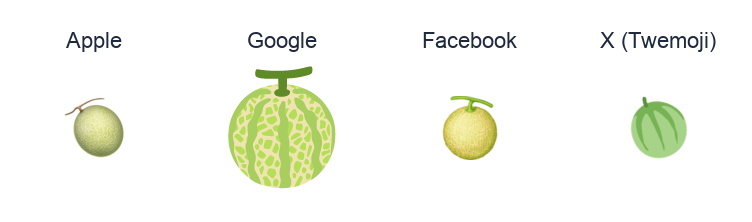 Melon emoji artwork compared side by side for Apple, Google Noto, Facebook, and X Twemoji styles on white.