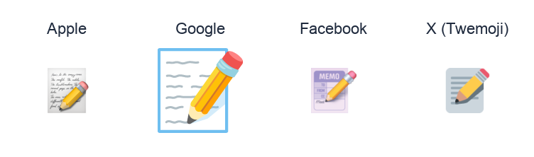 Memo emoji artwork compared side by side for Apple, Google Noto, Facebook, and X Twemoji styles on white.