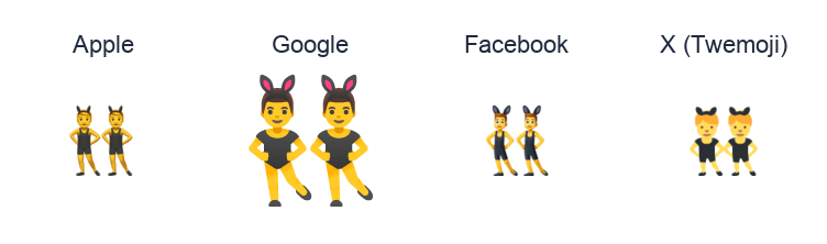 Men With Bunny Ears emoji artwork compared side by side for Apple, Google Noto, Facebook, and X Twemoji styles on white.