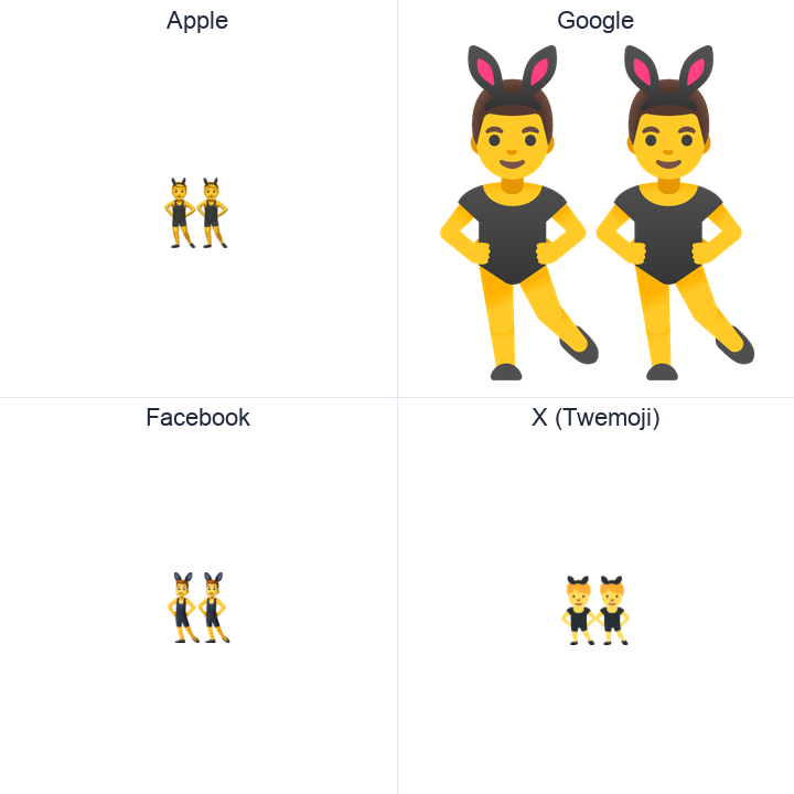 Men With Bunny Ears emoji in a square grid: Apple and Google on the top row, Facebook and X Twemoji on the bottom, on white.