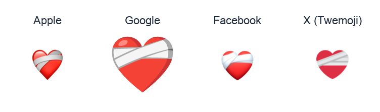 Mending Heart emoji artwork compared side by side for Apple, Google Noto, Facebook, and X Twemoji styles on white.