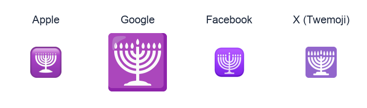 Menorah With Nine Branches emoji artwork compared side by side for Apple, Google Noto, Facebook, and X Twemoji styles on white.