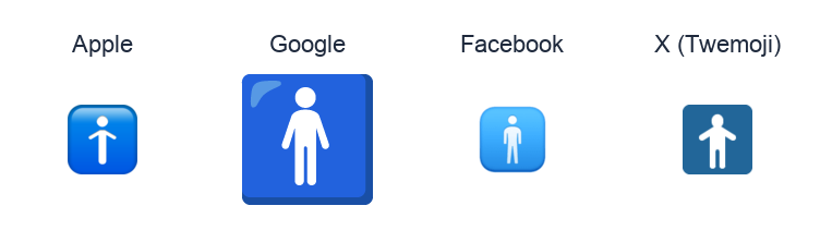Mens Symbol emoji artwork compared side by side for Apple, Google Noto, Facebook, and X Twemoji styles on white.
