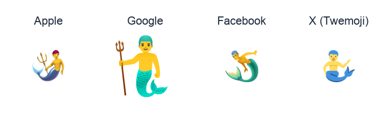 Merman emoji artwork compared side by side for Apple, Google Noto, Facebook, and X Twemoji styles on white.