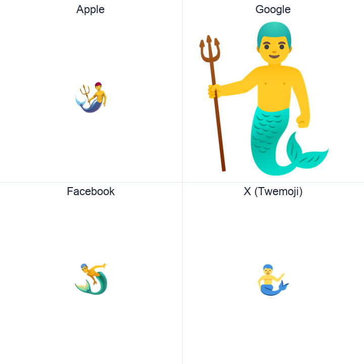 Merman emoji in a square grid: Apple and Google on the top row, Facebook and X Twemoji on the bottom, on white.
