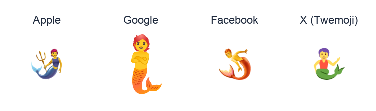 Merperson emoji artwork compared side by side for Apple, Google Noto, Facebook, and X Twemoji styles on white.