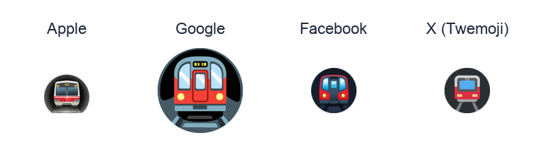 Metro emoji artwork compared side by side for Apple, Google Noto, Facebook, and X Twemoji styles on white.