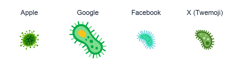 Microbe emoji artwork compared side by side for Apple, Google Noto, Facebook, and X Twemoji styles on white.