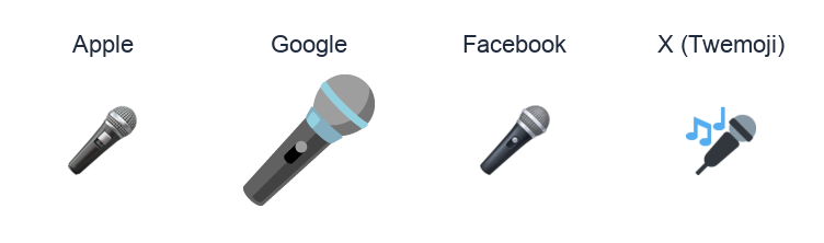 Microphone emoji artwork compared side by side for Apple, Google Noto, Facebook, and X Twemoji styles on white.