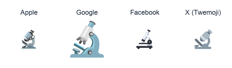Microscope emoji artwork compared side by side for Apple, Google Noto, Facebook, and X Twemoji styles on white.