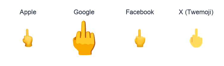 Reversed Hand With Middle Finger Extended emoji artwork compared side by side for Apple, Google Noto, Facebook, and X Twemoji styles on white.