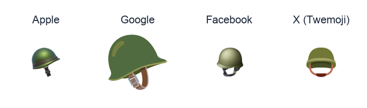 Military Helmet emoji artwork compared side by side for Apple, Google Noto, Facebook, and X Twemoji styles on white.