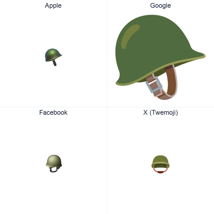 Military Helmet emoji in a square grid: Apple and Google on the top row, Facebook and X Twemoji on the bottom, on white.