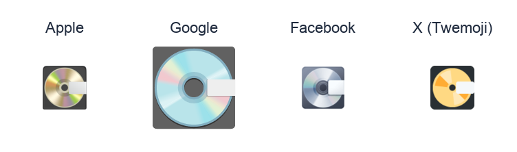 Minidisc emoji artwork compared side by side for Apple, Google Noto, Facebook, and X Twemoji styles on white.