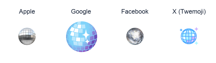Mirror Ball emoji artwork compared side by side for Apple, Google Noto, Facebook, and X Twemoji styles on white.