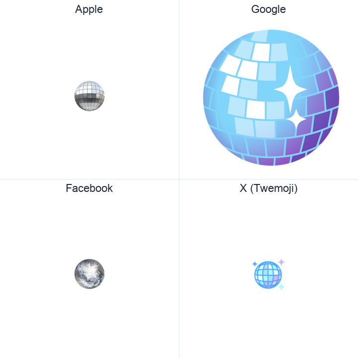 Mirror Ball emoji in a square grid: Apple and Google on the top row, Facebook and X Twemoji on the bottom, on white.