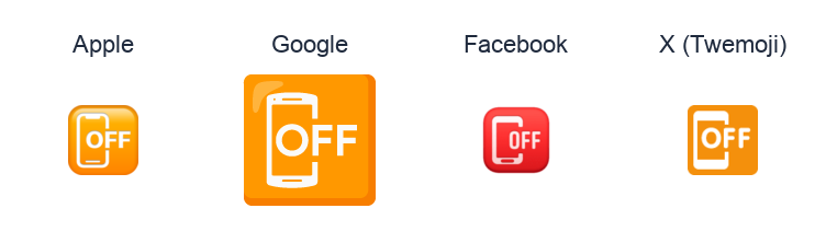 Mobile Phone Off emoji artwork compared side by side for Apple, Google Noto, Facebook, and X Twemoji styles on white.