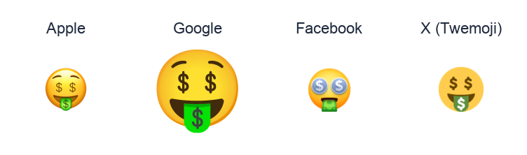 Money-Mouth Face emoji artwork compared side by side for Apple, Google Noto, Facebook, and X Twemoji styles on white.