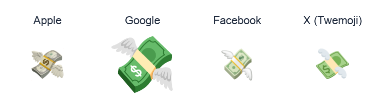 Money With Wings emoji artwork compared side by side for Apple, Google Noto, Facebook, and X Twemoji styles on white.