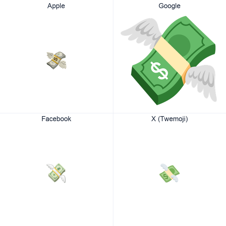 Money With Wings emoji in a square grid: Apple and Google on the top row, Facebook and X Twemoji on the bottom, on white.
