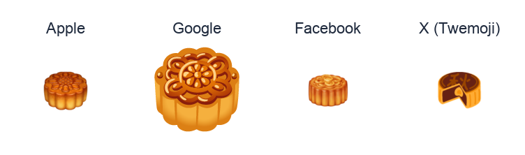 Moon Cake emoji artwork compared side by side for Apple, Google Noto, Facebook, and X Twemoji styles on white.