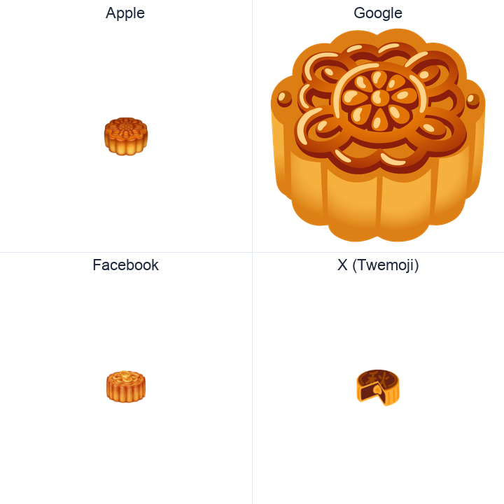 Moon Cake emoji in a square grid: Apple and Google on the top row, Facebook and X Twemoji on the bottom, on white.