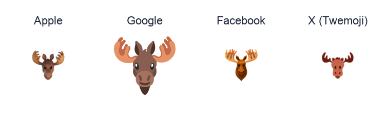 Moose emoji artwork compared side by side for Apple, Google Noto, Facebook, and X Twemoji styles on white.