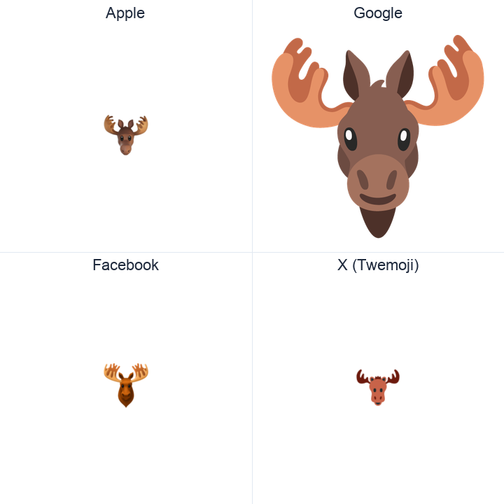 Moose emoji in a square grid: Apple and Google on the top row, Facebook and X Twemoji on the bottom, on white.