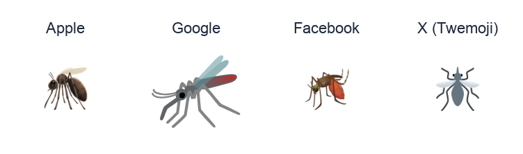 Mosquito emoji artwork compared side by side for Apple, Google Noto, Facebook, and X Twemoji styles on white.
