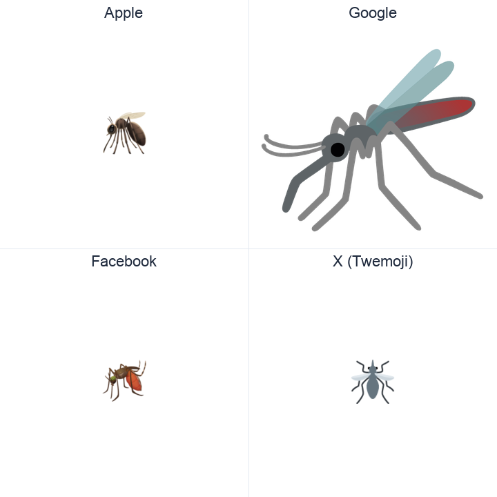 Mosquito emoji in a square grid: Apple and Google on the top row, Facebook and X Twemoji on the bottom, on white.
