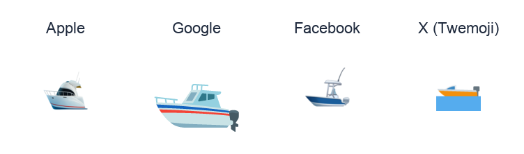 Motor Boat emoji artwork compared side by side for Apple, Google Noto, Facebook, and X Twemoji styles on white.