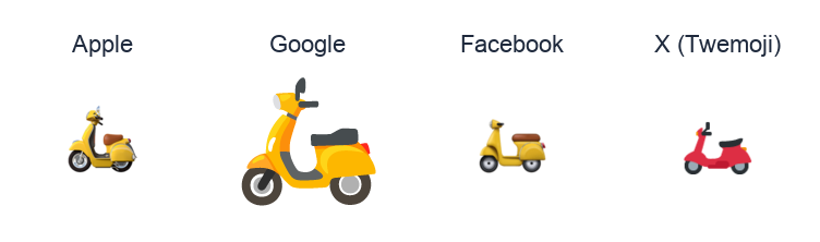 Motor Scooter emoji artwork compared side by side for Apple, Google Noto, Facebook, and X Twemoji styles on white.
