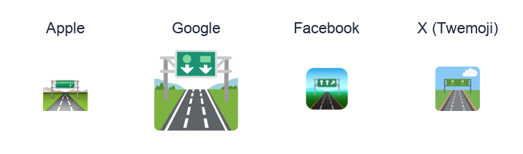 Motorway emoji artwork compared side by side for Apple, Google Noto, Facebook, and X Twemoji styles on white.