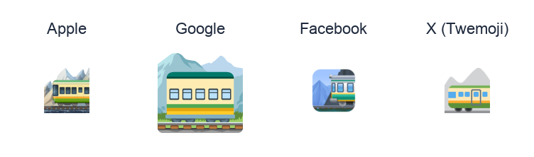 Mountain Railway emoji artwork compared side by side for Apple, Google Noto, Facebook, and X Twemoji styles on white.