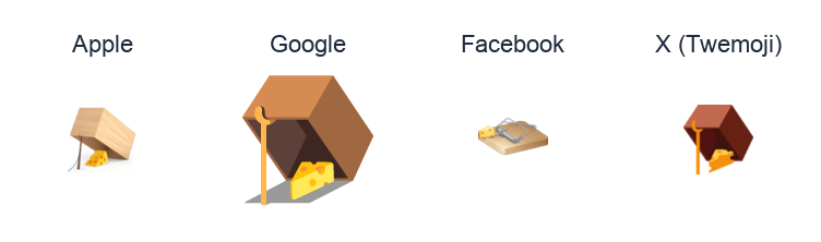 Mouse Trap emoji artwork compared side by side for Apple, Google Noto, Facebook, and X Twemoji styles on white.