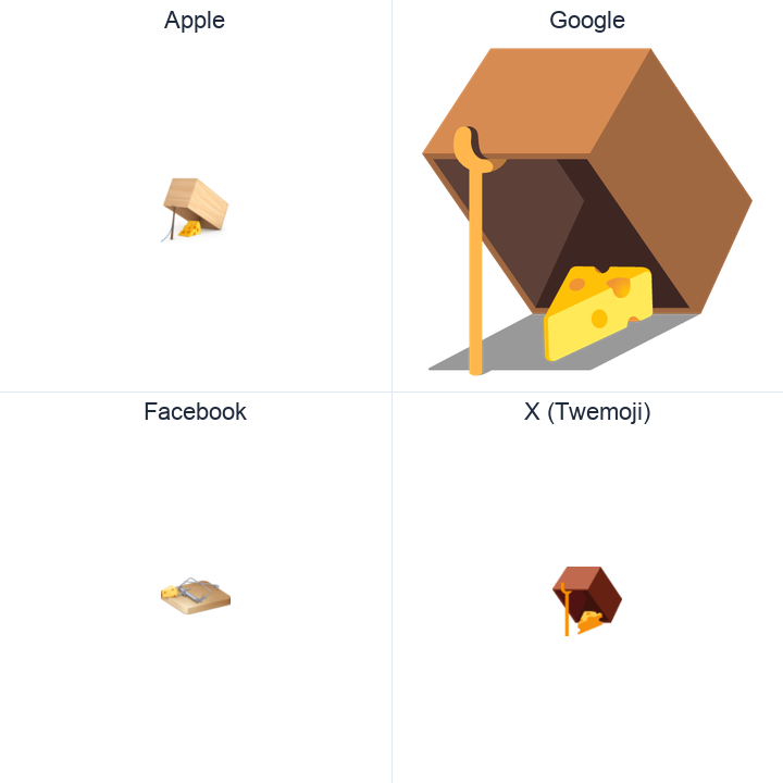 Mouse Trap emoji in a square grid: Apple and Google on the top row, Facebook and X Twemoji on the bottom, on white.