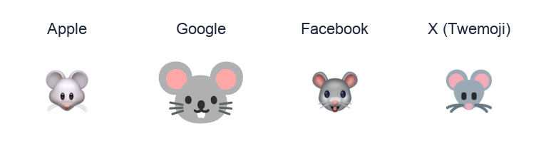 Mouse Face emoji artwork compared side by side for Apple, Google Noto, Facebook, and X Twemoji styles on white.