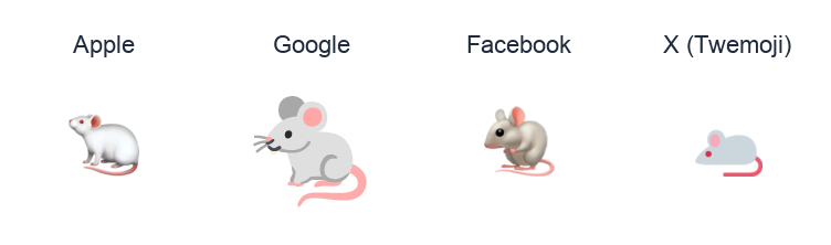 Mouse emoji artwork compared side by side for Apple, Google Noto, Facebook, and X Twemoji styles on white.