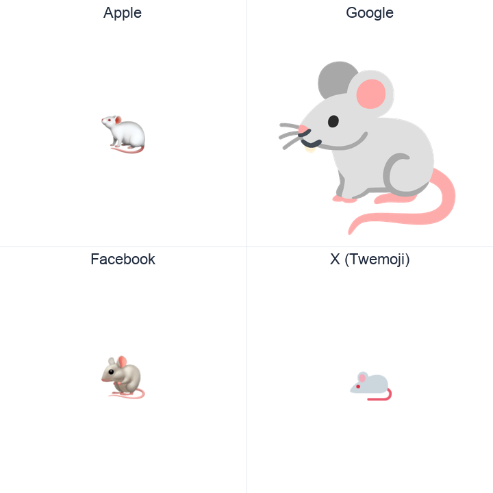 Mouse emoji in a square grid: Apple and Google on the top row, Facebook and X Twemoji on the bottom, on white.