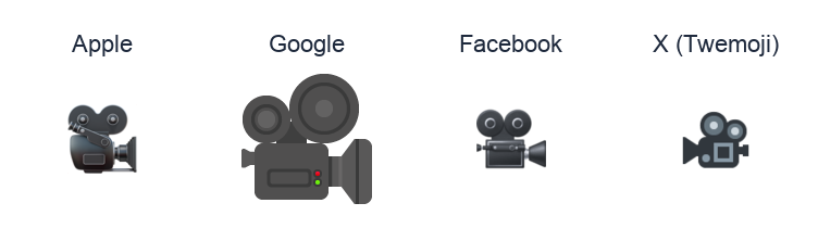 Movie Camera emoji artwork compared side by side for Apple, Google Noto, Facebook, and X Twemoji styles on white.