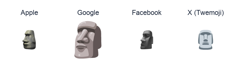 Moyai emoji artwork compared side by side for Apple, Google Noto, Facebook, and X Twemoji styles on white.